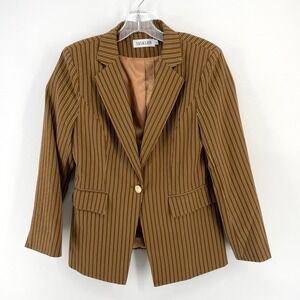 Susielady‎ Brown Pinstripe Single Button Blazer Jacket Womens Large SL095